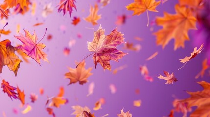 autumn leaves are flying on a purple background	
