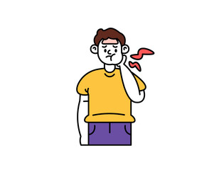 Illustration of a man with fever and pain in the cheeks and chin. cheeks or lymph nodes are swollen. suffering from mumps or toothache. health problems. Design character illustrations with outline
