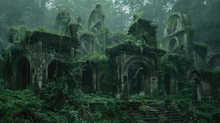 Ancient ruins covered in wild growth within a forest - Powered by Adobe