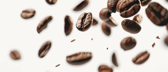 Dynamic close-up of coffee beans in mid-air against a white background, capturing the essence of freshly roasted coffee. Perfect for coffee-related projects.
