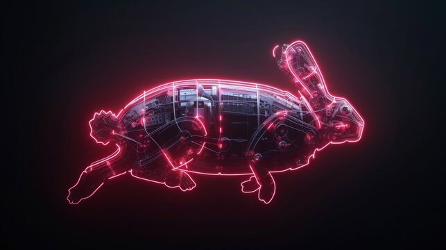 recommend clip art: robotic running rabbit interface icon, VR neon style in bold outlines for visual impact. Created Using: neon flat design, chunky outlines, diverse tech items, fun and functional design, stark contrast