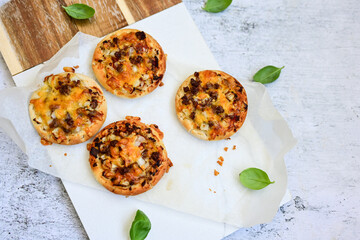 Mini american burger pizza with  onion .American finger food 