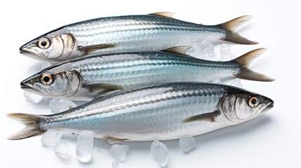 Naklejka premium Fresh sprat fish meticulously placed on ice bed against a plain white background