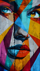 A close-up of a colorful graffiti piece with abstract features of a face