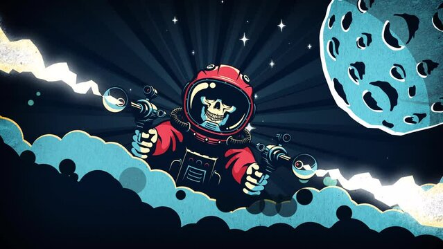 An astronaut with a skull face in a spacesuit with blasters jumps out of the space clouds and shoots beams. 2D retro animation in comic style.