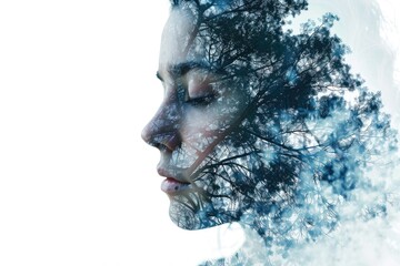 Serene Nature-Infused Double Exposure Portrait of Woman