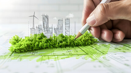 Pen in hand sketching a blueprint with green city buildings and landscape