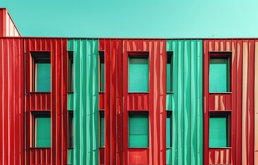 a image of a red and green building with a blue sky in the background