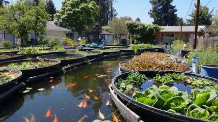 Fototapeta premium An aquaponics setup integrating fish tanks with vegetable beds, showcasing symbiotic relationships in sustainable agriculture. --ar 16:9 --style raw Job ID: cea533a7-e06c-4385-a509-5f8a52d8b0c1