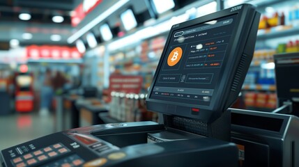 Naklejka premium A blockchain-powered retail payment system, depicted as a checkout terminal where customers pay with digital currencies using secure transactions.
