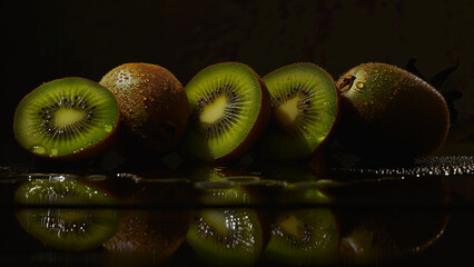 Glistening Greens: Ripe Kiwis Reflecting Light