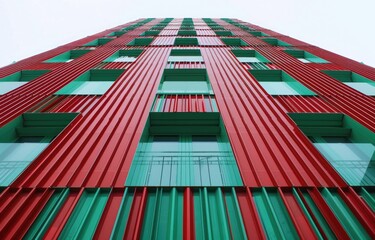 a image of a tall building with many windows and a red and green facade