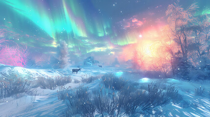 Enchanted Winter's Radiance: A Symphony of Northern Lights and Frosted Dreams