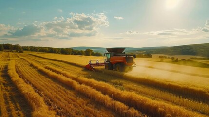 Fototapeta premium An electric-powered combine harvester harvesting golden fields, showcasing eco-friendly farming practices and energy-efficient technology. --ar 16:9 --style raw 