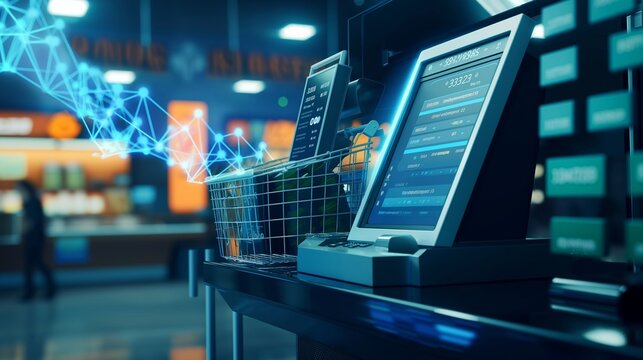 A blockchain-powered retail payment system, depicted as a checkout terminal where customers pay with digital currencies using secure transactions.