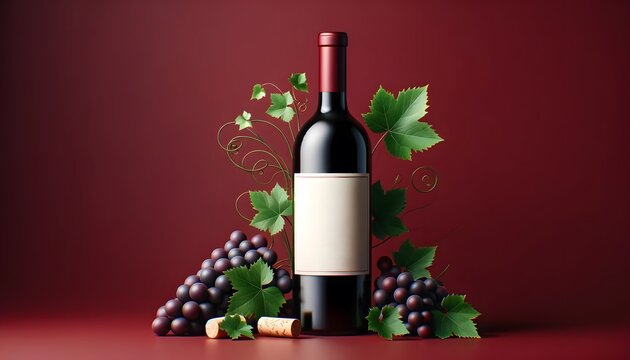 A wine bottle mockup with a blank label, surrounded by grapes and green leaves, set against a deep red background.
