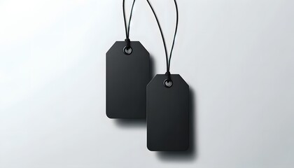 Fototapeta premium A label mockup featuring two black tags with cords, placed on a light background, ideal for branding and product design.