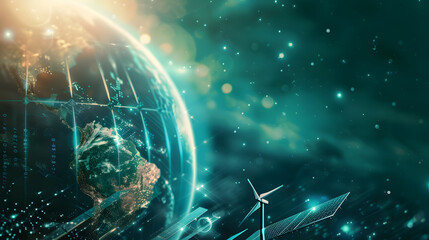 Digital artwork depicting Earth with energy-related icons, signifying the intersection of technology and sustainability
