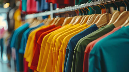 An assortment of colorful t-shirts hung neatly on wooden hangers, presenting a variety of choices for buyers