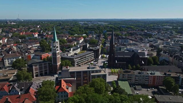 Aerial drone view of Gelsenkirchen Old Town (Gelsenkirchen Altstadt), Germany. This area is characterized by its historic architecture, traditional buildings  .