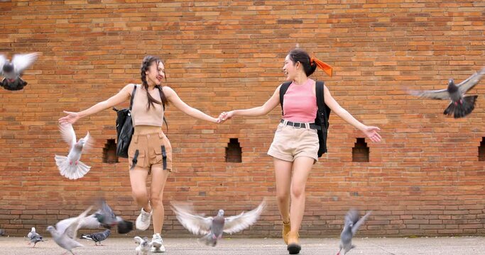 two asian woman running with pigeons at Tha Phae Gate Chiang Mai old city ancient wall and moat in Chiang Mai Northern of Thailand. 4k video slow motion.