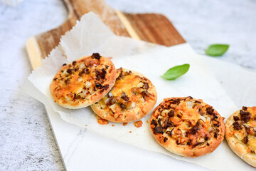 Mini american burger pizza with  onion .American finger food 