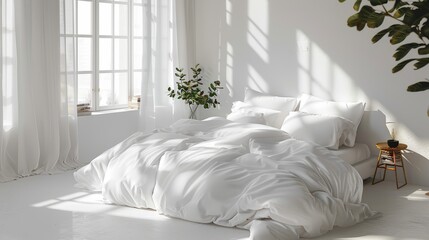 Clean and simple bedroom with white bedding and natural light, isolated white background, high detail, serene ambiance
