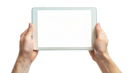 A woman holds a blank digital tablet in her hands, ready to communicate with a touch