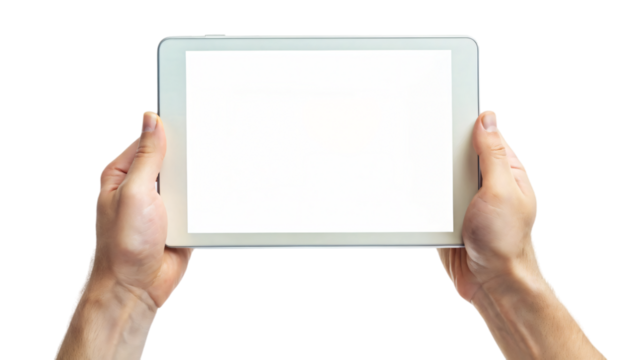 A woman holds a blank digital tablet in her hands, ready to communicate with a touch