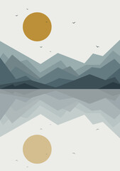 Seaside and mountains landscape illustration poster. Yellowstone park minimalistic vector cartoon 2d art