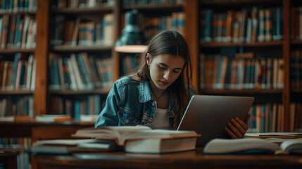 A female student focusing intently on her laptop screen, surrounded by open books in a library setting