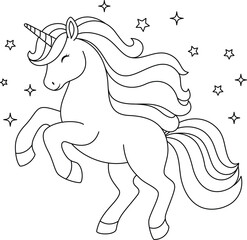 Cute kawaii unicorn is dancing coloring page for kids. Animal outline doodle colouring page isolated on white background. Wild animal coloring book for kids