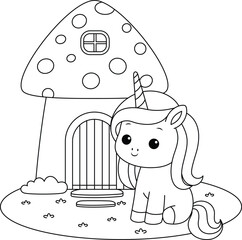 Cute kawaii happy birthday unicorn and mushroom house coloring page for kids. Animal outline doodle colouring page isolated on white background. Wild animal coloring book for kids