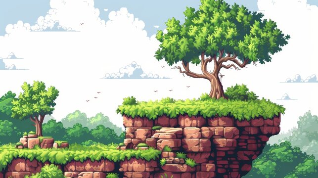 Classic pixel art video game scene, isolated white background, high detail, copy space