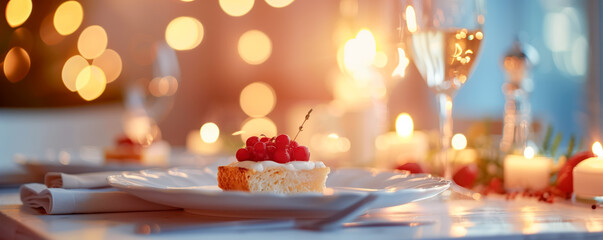 A slice of cake on the plate on the table in restaurant.