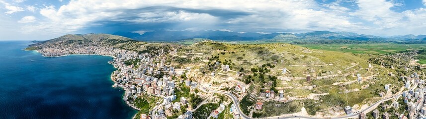 Panorama of Saranda from a drone, Albanian Riviera, Albania