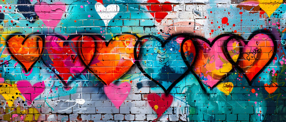 Artful graffiti of layered hearts in assorted colors splashed across a textured urban wall