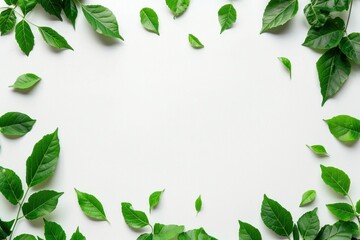 Green leaves flat lay on white background with copy space for text, top view natural beauty and wellness concept