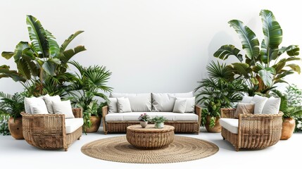 Fototapeta premium Chic outdoor patio with rattan furniture and potted plants, isolated white background, high detail, natural sophistication