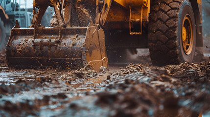 Close-up of a yellow excavator bucket digging and moving wet soil, with dirt flying in the air