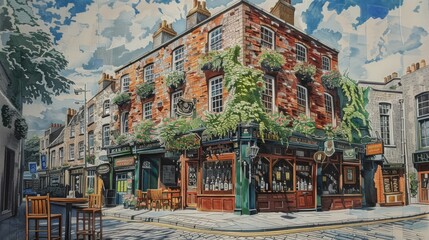 The image shows a beautiful streetscape of a European city