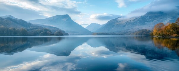 Calm lake with a reflection of the sky and mountains, isolated white background, high detail, peaceful nature
