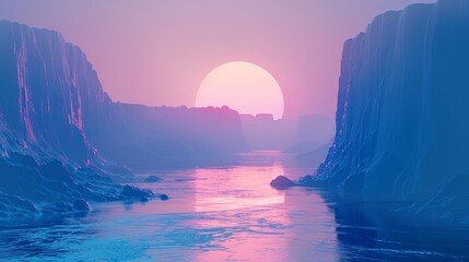 3D Render of Futuristic Landscape with Cliffs and Water, Minimal Abstract Background, Spiritual Zen...