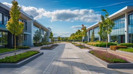 Fototapeta premium Business park with landscaped grounds, isolated white background, high detail, professional environment