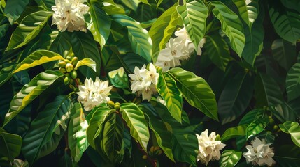 Coffee trees in full bloom It has delicate white flowers and lush green leaves.