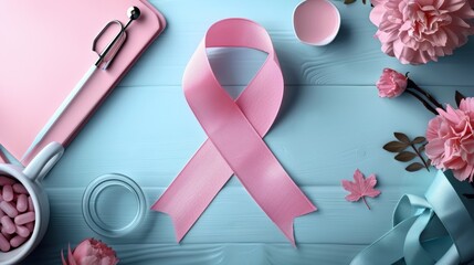 Pink Ribbon on Blue Wooden Background for Breast Cancer Awareness