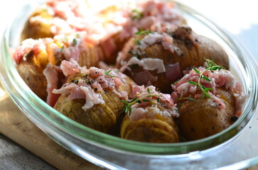 close up view of potatoes with bacon, grilled, traditional Czech food and culture, food background