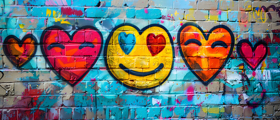 Wide-shot of a vibrant graffiti depicting heart-shaped emojis with cheerful expressions on a textured brick wall symbolizing urban art