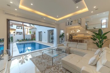Luxurious modern home with indoor pool, elegant decor, and spacious layout creating a sophisticated and serene living space