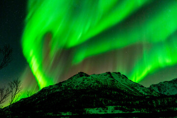 Polar lights, Aurora borealis in green over mountains, Norway. Shaped like a heart